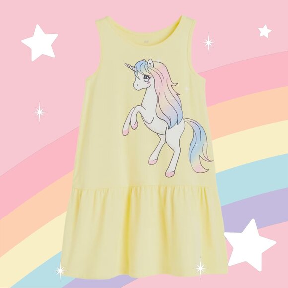 H&M Big Yellow Unicorn Sleeveless dress 100% Cotton Sting free size 2T NWT - Picture 1 of 6